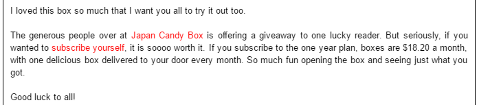 An example of a sponsored blog giveaway.